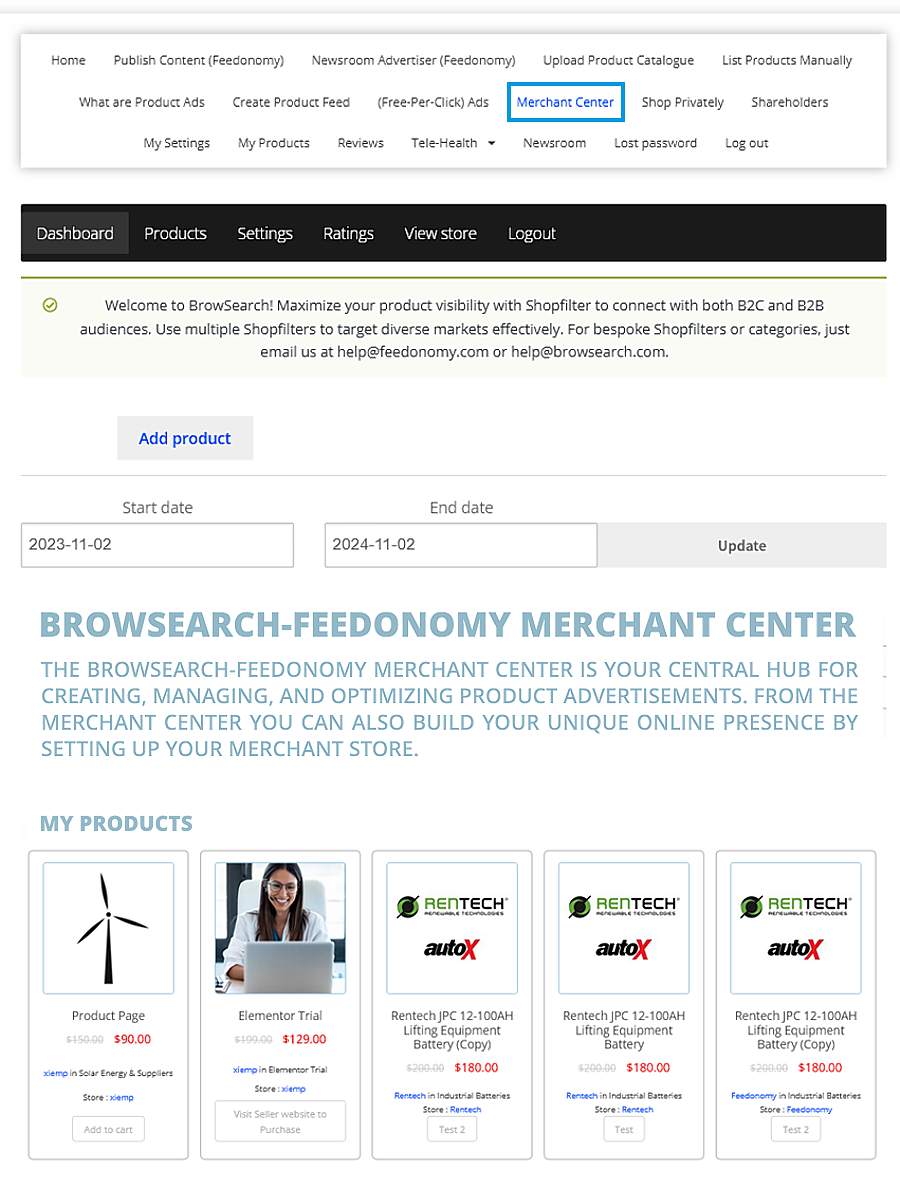 This image shows advertisers what the Browsearch-Feedonomy Merchant Center page looks like. It has the advertiser’s product ads and shopping ads near the bottom of the page, and it also explains to advertisers how they can add 100% Free adverts manually or using their product feed csv. they can import their entire product catalogue.